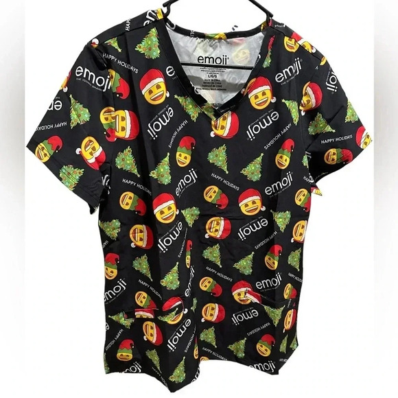 Emoji Santa Women’s Nurse Scrub Top - Picture 1 of 4
